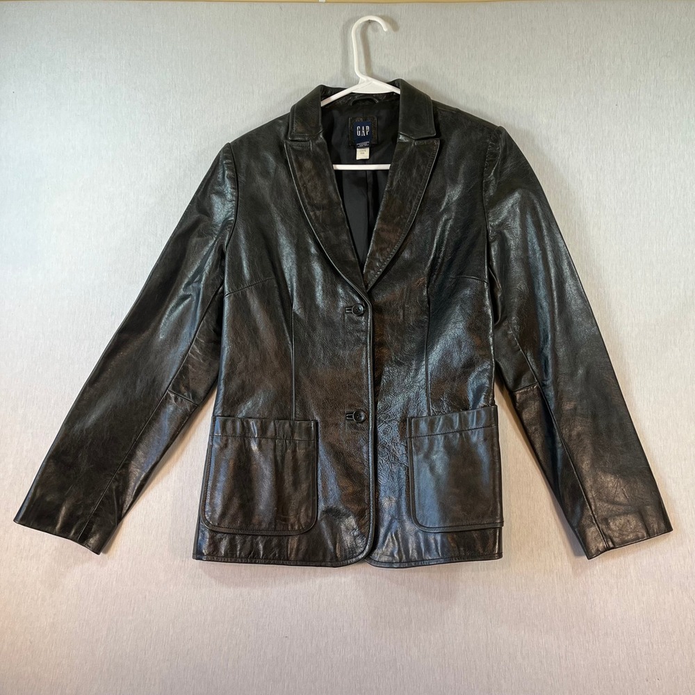 Vintage GAP Genuine Leather Jacket Women M Two Button Patch Pockets 2000 Y2K